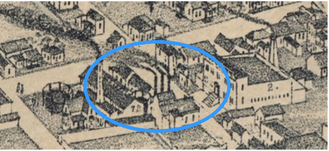 Drawing of the Soap Factory with a blue circle highlighting the building on the map