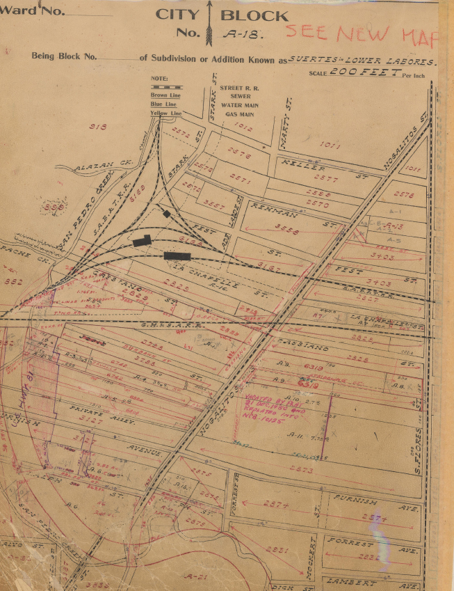 San Pedro Creek railroad crossings near the Alazan Creek confluence.
Original: City of San Antonio Archives.